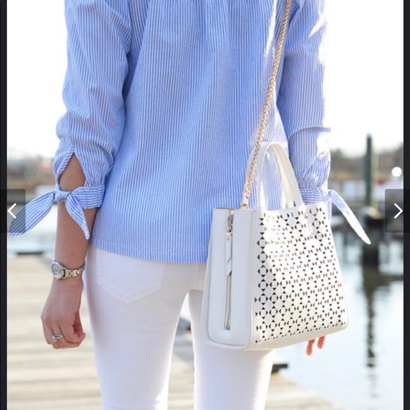 NWT LOFT blue stripe off the shoulder top. Size M - Picture 2 of 6